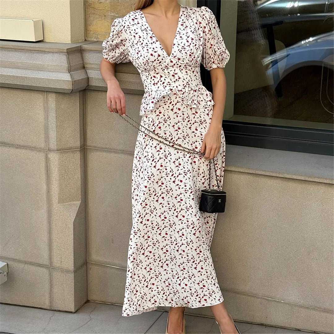 MQTIME  -  Flowers Printed V-Neck Waist Hugging Long Dress Female Puff Sleeve Elegant Fashion Dress Short Sleeve Slimming Women Dress D554