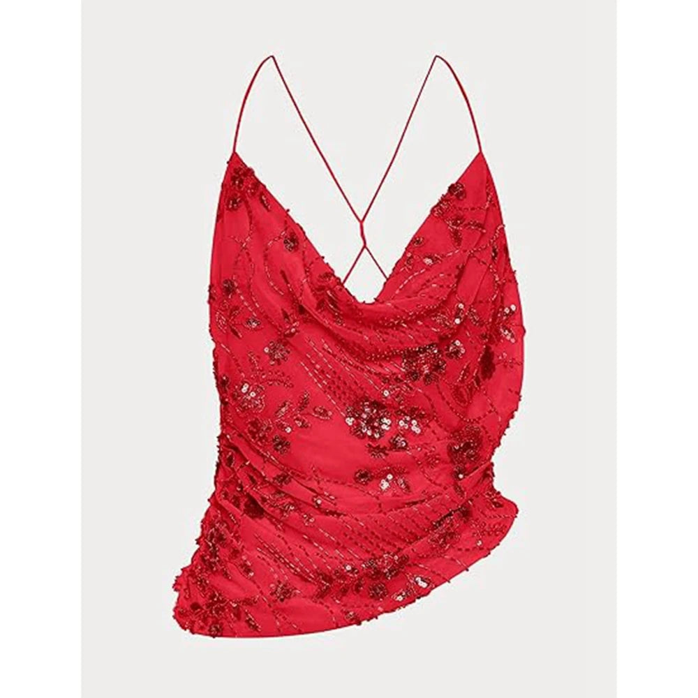 MQTIME  -  Women Summer Flower Embellished Sequin Beading Camisole Top Cowl Neck Thin Straps Open Back Asymmetrical Hem Vest