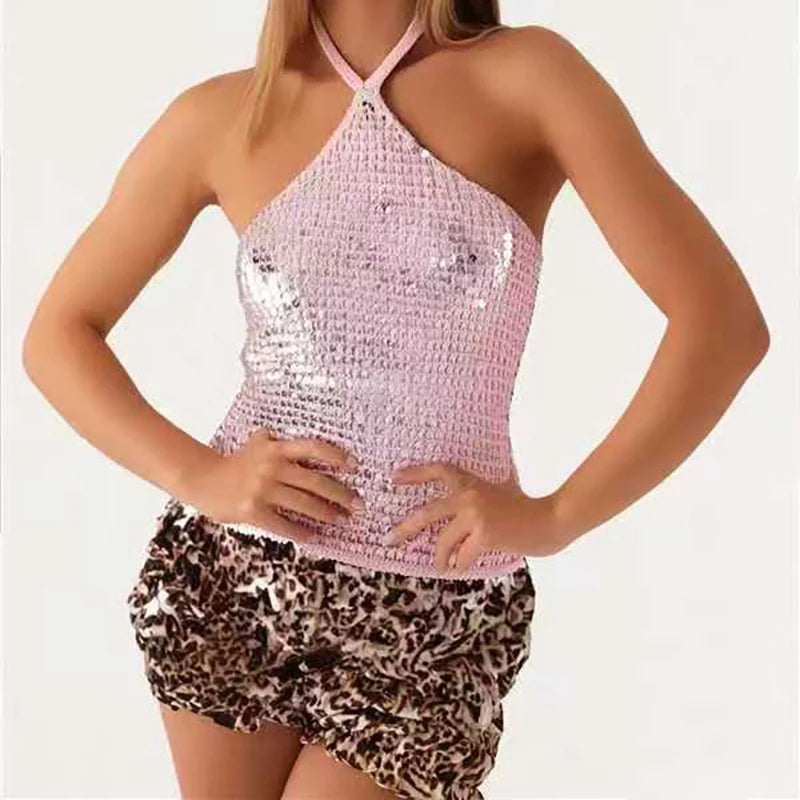 MQTIME  -  Solid Sexy Halter Sleeveless Sequins Tank Tops Stylish Cocktail Backless Slim Tops Ladies 2025 Summer Party New Glitter Camisole