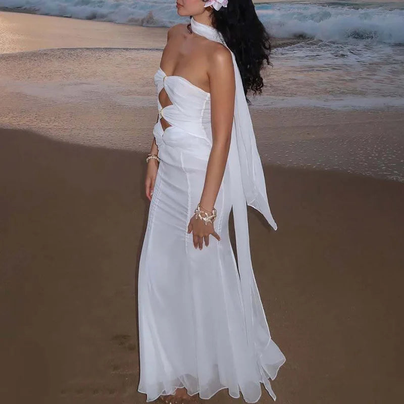 MQTIME  -  Sexy Sleeveless Hollow Out Sheath Long Dress Fashion Pleated Swing Romantic Dress Elegant Strapless Desire Style Gowns Dresses