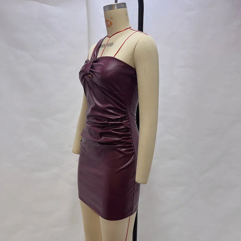 MQTIME  -  Clubwear Sexy Pu Leather Bodycon Dress Slim Slash Neck Sleeveless Mini Dresses For Women 2025 Summer Fashion Party Robes