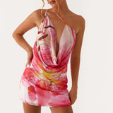 MQTIME  -  Fashion Hight Waist Sleeveless Mini Dress Sexy One Shoulder Draped Bodycon Dress Women Elegant Swing Neck Print Slim Short Dress