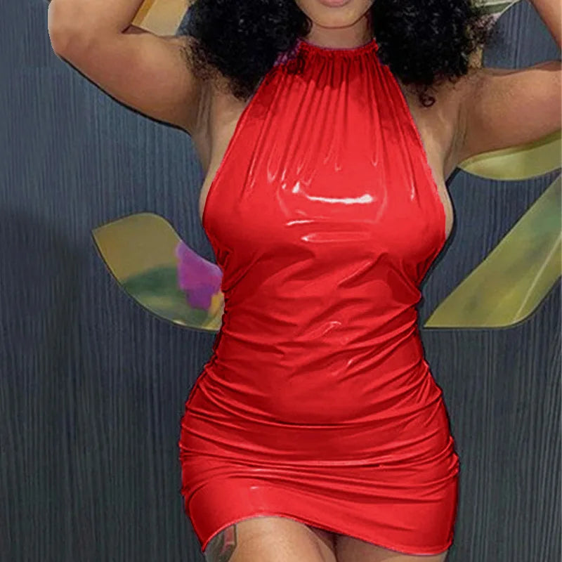 MQTIME  -  Hot Sexy Faux Pu Leather Bodycon Short Slim Club Dress Summer Neon Green Y2k Sleeveless Halter Backless Vestidos