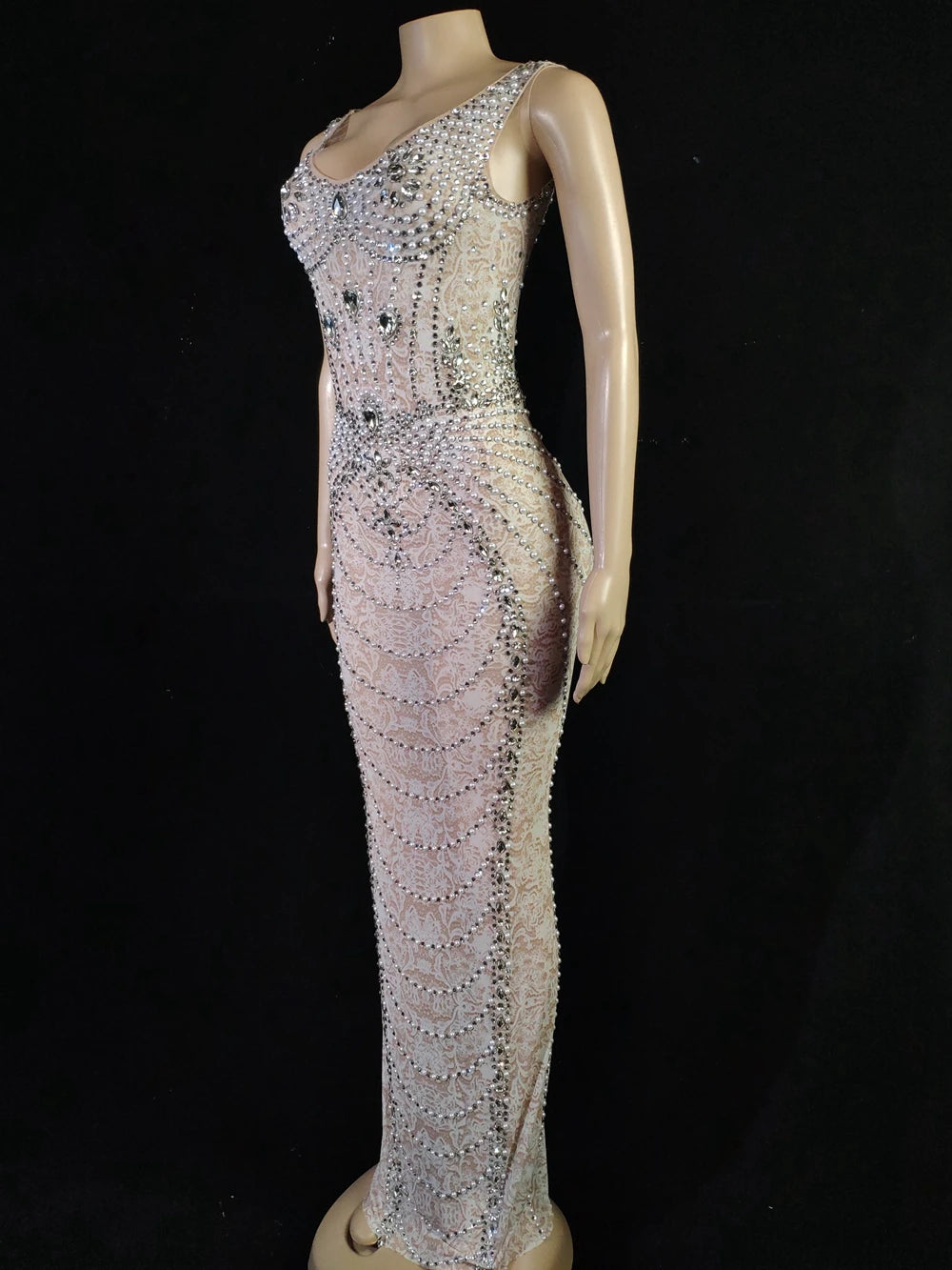 MQTIME  -   Women Celebrate Prom Birthday Dress Photography Outfit Sparkly Rhinestones Pearls See Through Long Dress Singer Sexy Show Wear