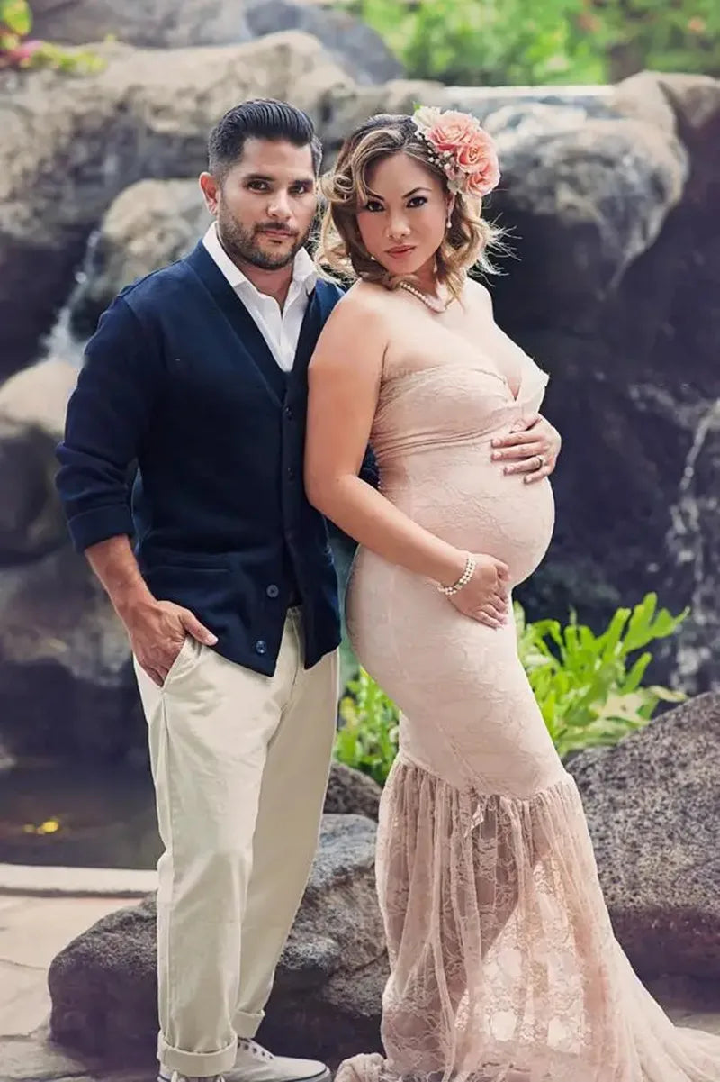 MQTIME  -  Sexy Strapless Maternity Shooting Dresses For Baby Shower Women Pregnancy Photo Gown Pink Lace Long Pregnant Photography Clothes