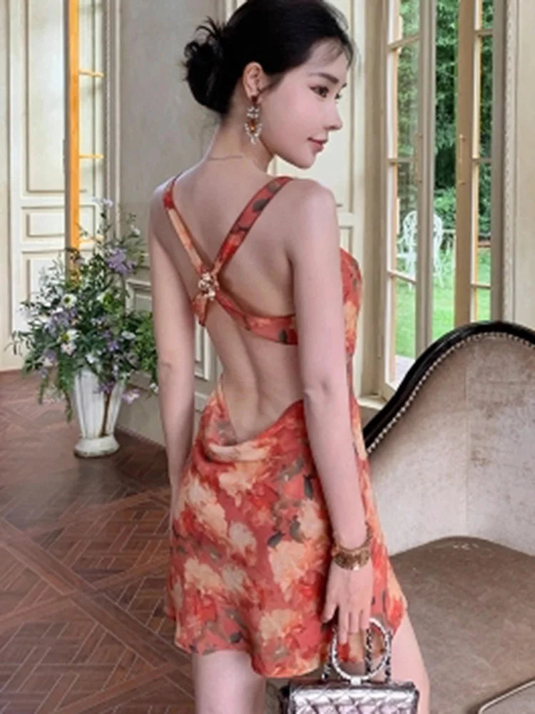 MQTIME  -   Retro Floral Women Mini Dress Summer Beach Backless Camisole Sexy Dress High Waist A Line Vacation Casual Fashion Sweet Dress