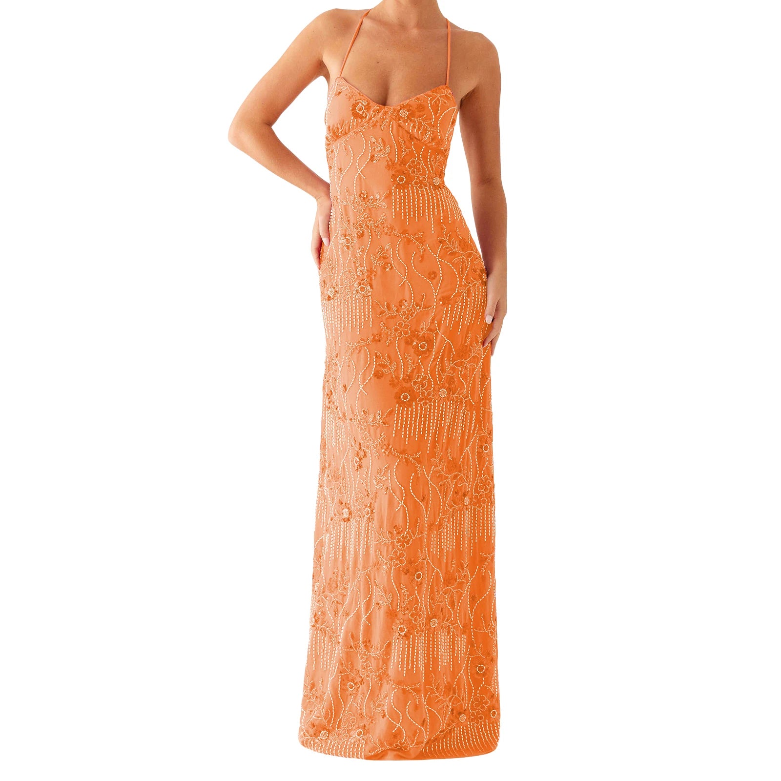 MQTIME  -  Women Beading Sequins Flower Embroidery Sleeveless Summer Cross Tied Backless Spaghetti Strap A-line Cami Long Dress