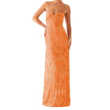 MQTIME  -  Women Beading Sequins Flower Embroidery Sleeveless Summer Cross Tied Backless Spaghetti Strap A-line Cami Long Dress