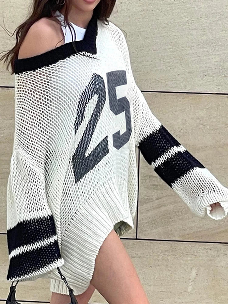 MQTIME  -  Digital Print Contrast Color Pullover Sweater For Women Hollow See Through V-neck Long Sleeve Loose Casual Sports Top