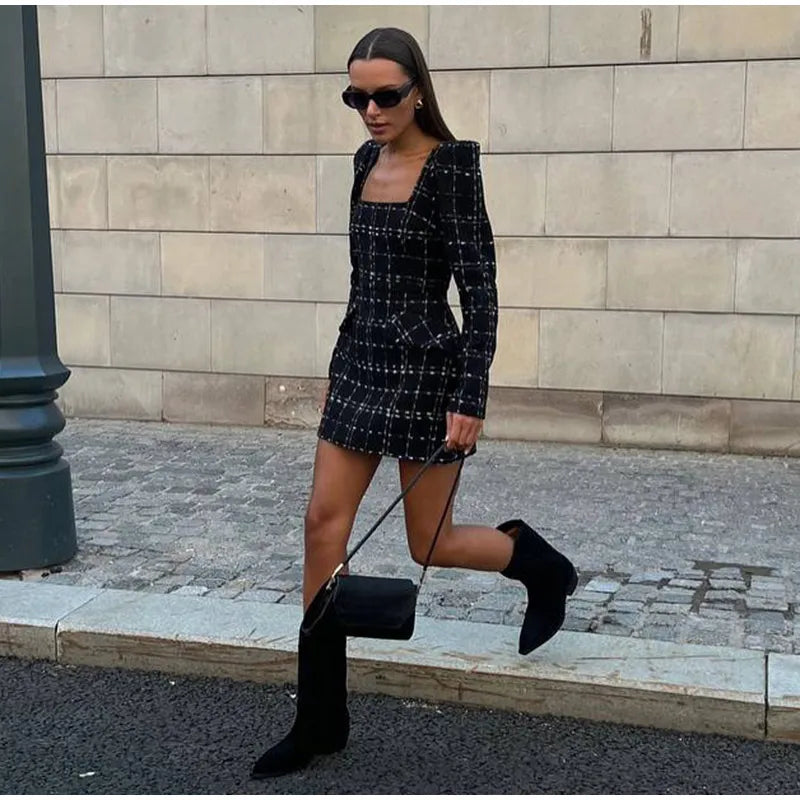 MQTIME  -  Tweed Plaid Elegant Long Sleeve Mini Dress Women Square Collar High Waist 2025 Autumn Casual Dresses Party Evening Lady Robe
