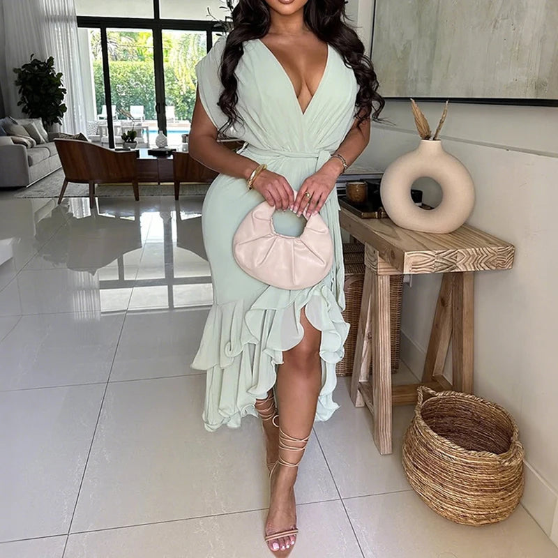 MQTIME  -  New Tie Up Irregular Long Dress Summer Casual Short Sleeve Commute Dress Office Lady Deep V Ruffles Solid Color Evening Dresses