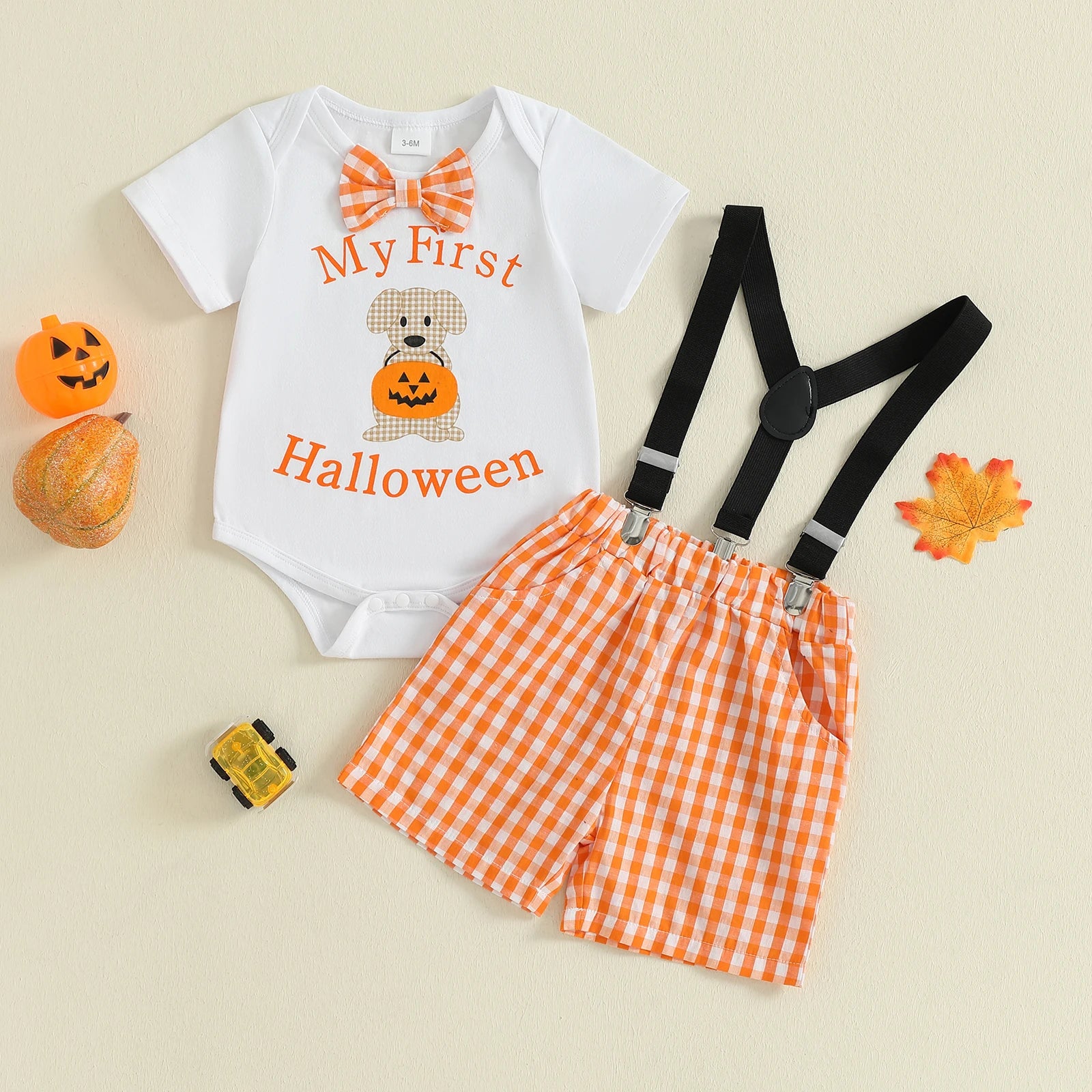MQTIME  -  Toddler Girl Halloween Costume Pumpkin Print Long Sleeve Romper and Tutu Skirt 2 Piece Set with Headband and Tights
