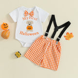 MQTIME  -  Toddler Girl Halloween Costume Pumpkin Print Long Sleeve Romper and Tutu Skirt 2 Piece Set with Headband and Tights