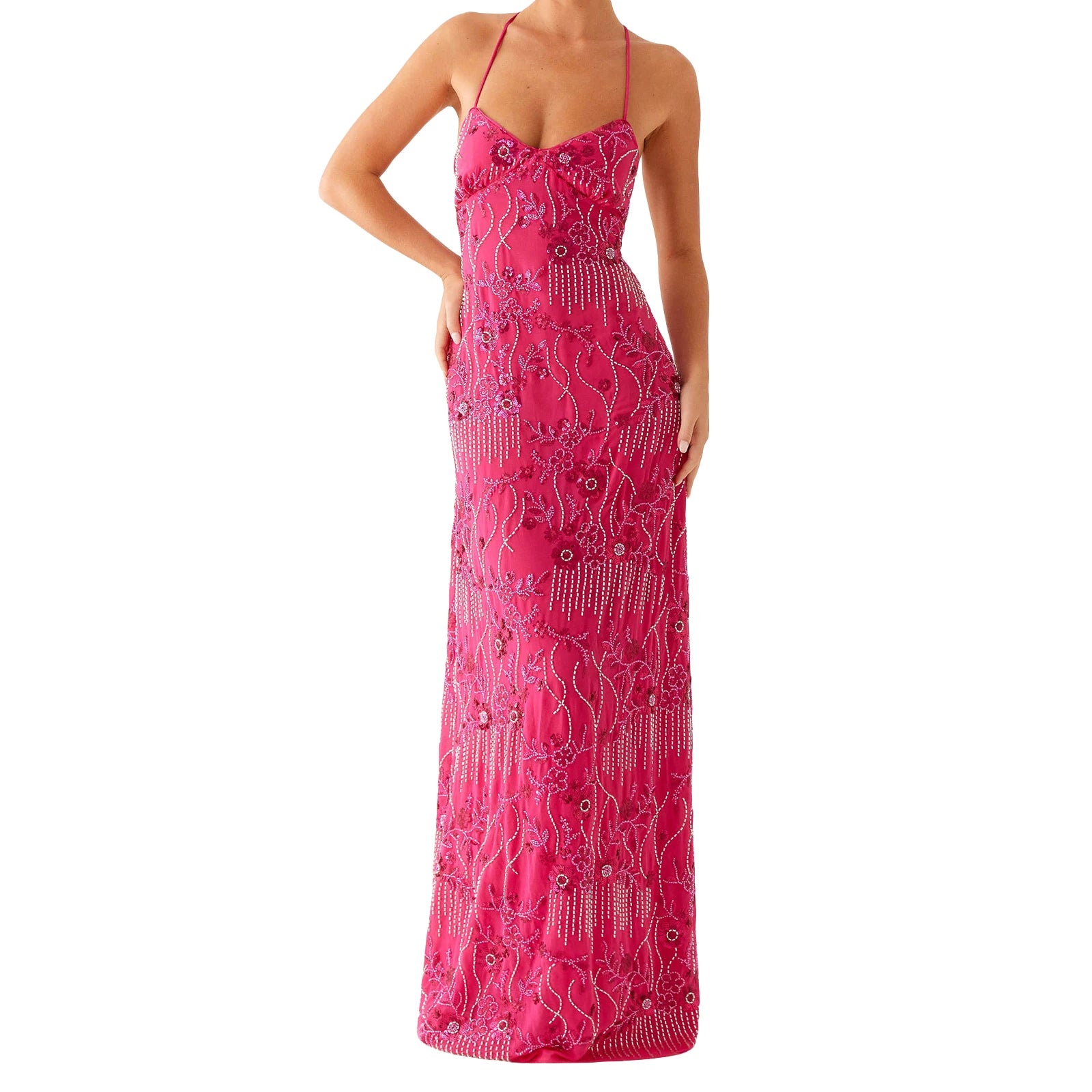 MQTIME  -  Women Beading Sequins Flower Embroidery Sleeveless Summer Cross Tied Backless Spaghetti Strap A-line Cami Long Dress