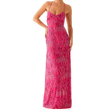 MQTIME  -  Women Beading Sequins Flower Embroidery Sleeveless Summer Cross Tied Backless Spaghetti Strap A-line Cami Long Dress