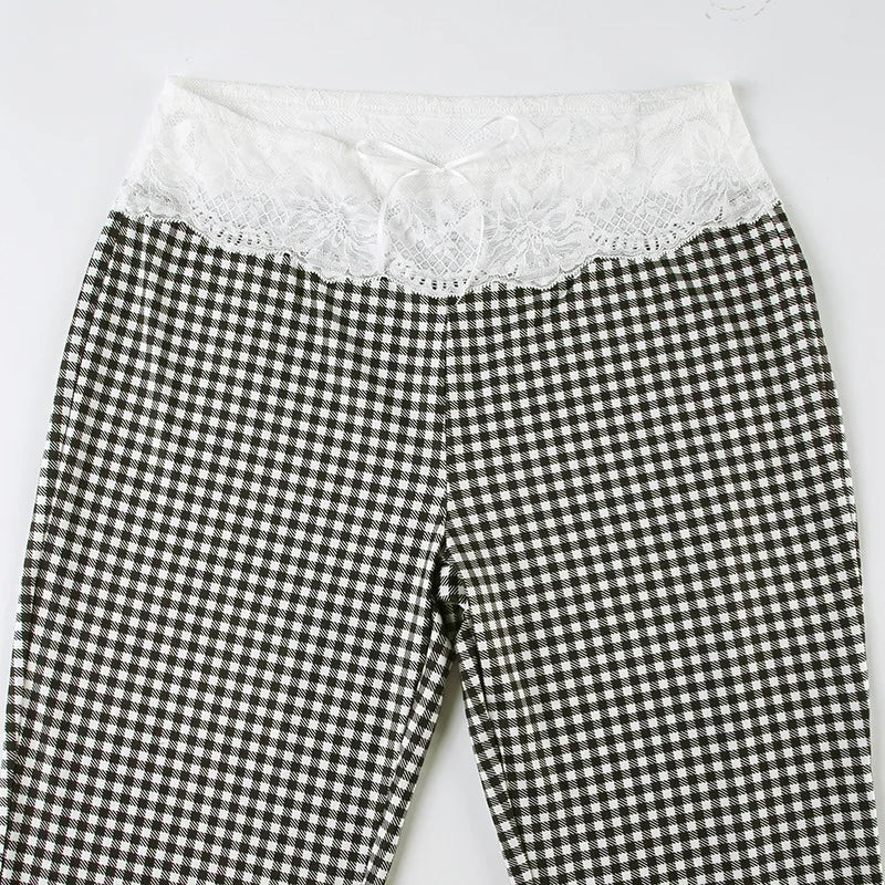 MQTIME  -  New Plaid Lace Flare Pants Sets Patchwork Elegant Women Casual Two Piece Suit Streetwear Sweet Tank Top Autumn Slim Fit Set