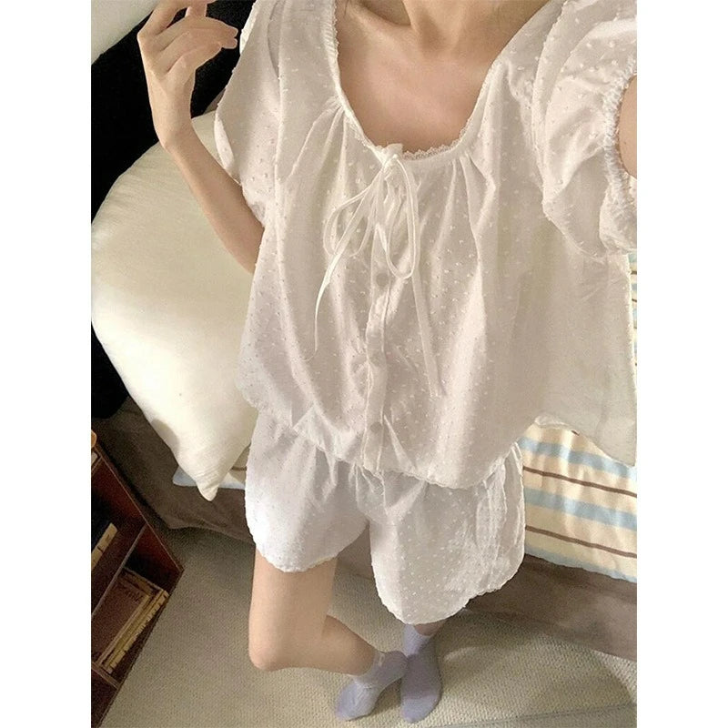 MQTIME  -  Jacquard Lace-up French Sweet Pajamas Women's Summer New Girl Gentle Wind Short-sleeved Shorts Loungewear Set Trendy Comfortable