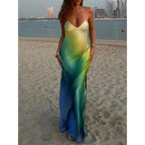 MQTIME  -  Women's Summer Boho Cami Long Dress Gradient Color Spaghetti Strap V-Neck Backless Beachwear Party Maxi Sundress