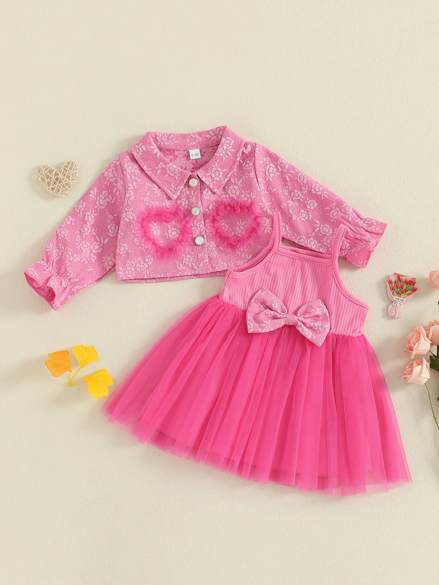 MQTIME  -  Toddler Girl Autumn Ensemble Quilted Long Sleeve Jacket paired with Tulle Patchwork Cami Dress for a Stylish Look