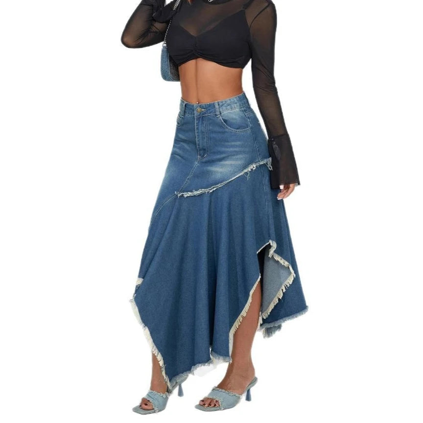 MQTIME  -  Irregular Splicing Women's Dress, Asymmetrical Hem, European and American Large Skirt, Denim A-line Skirt