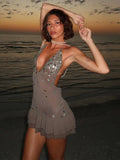 MQTIME  -   Sexy Sheer Mesh Backless Short Dress Women Deep-V Sleeveless Lace Up Sequin Pleated Dresses Summer Chic Beach Party Club Wear