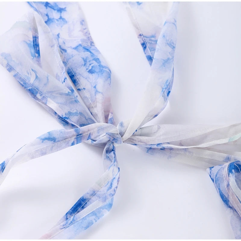 MQTIME  -  Elegant Printed Short Dresses Women Chic Lace Up Sleeveless Puff Dress Female Summer Holiday High Waist Lady Vestidos Beachwear