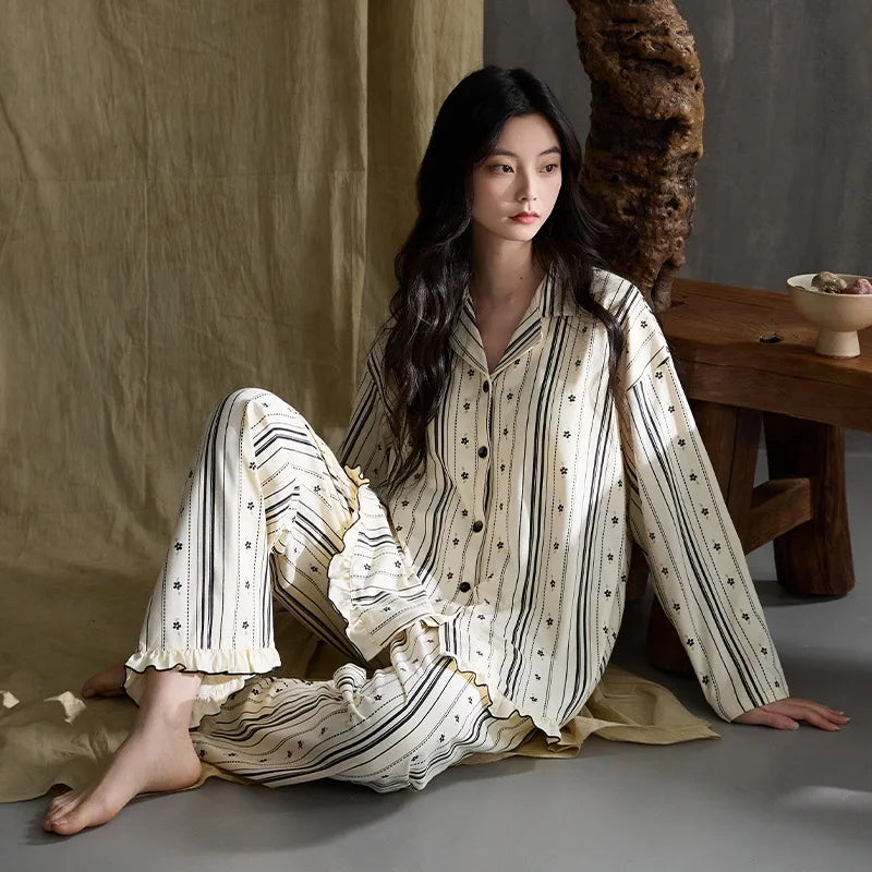 MQTIME  -  Women Spring Autumn and Winter Pure Cotton Long-sleeved Striped Lace Lapel High-end Light Luxury Loungewear Set Comfort