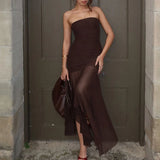 MQTIME  -  Women Sexy Strapless Mesh Patchwork Irregular Hem Party Long Dress Pleated Tight Backless Club Sleeveless Summer Vestidos