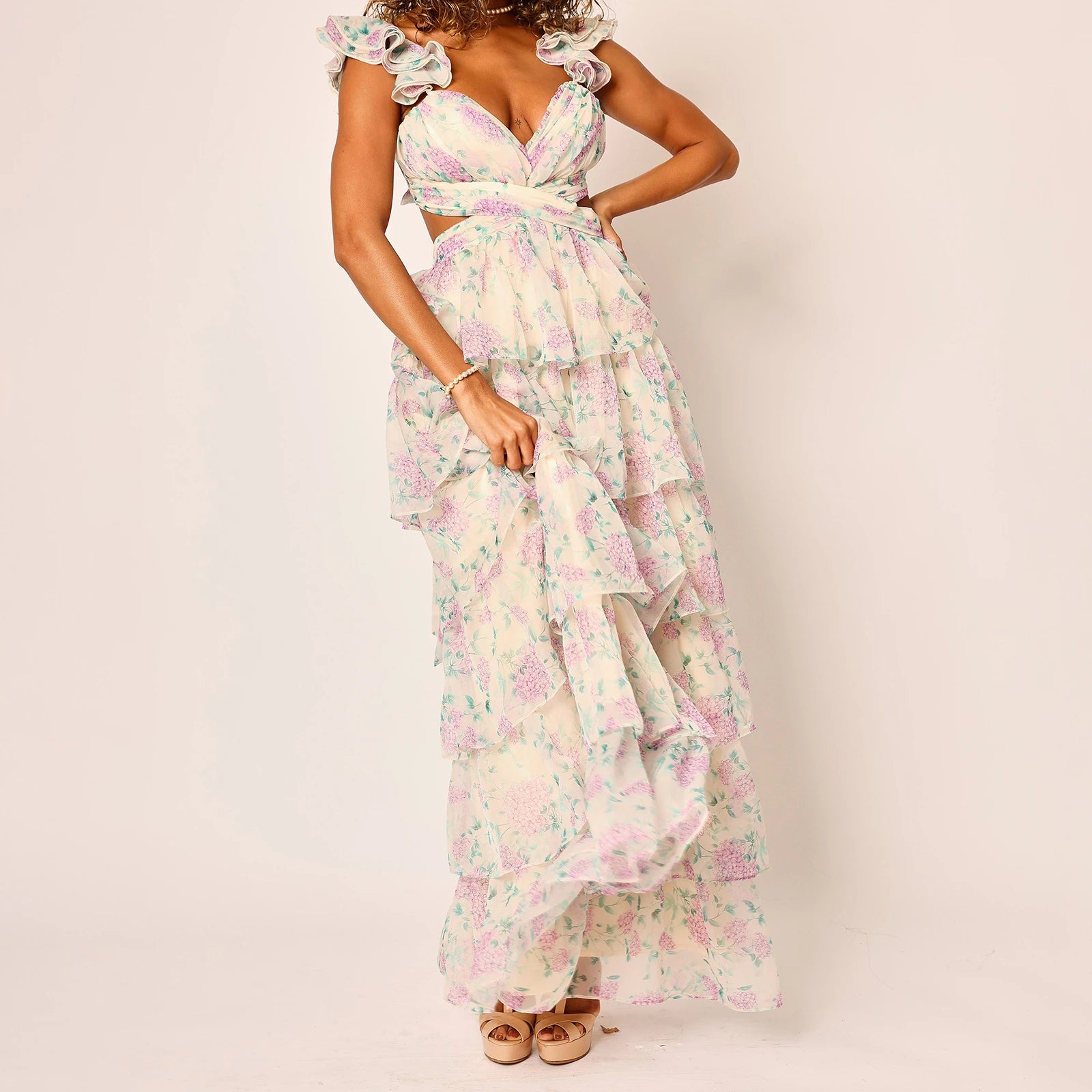 MQTIME  -  Women Summer Floral Print Ruched Bust Sleeveless V-Neck Ruffle Layered Lace-up Backless Flowy A-Line Long Cake Dress