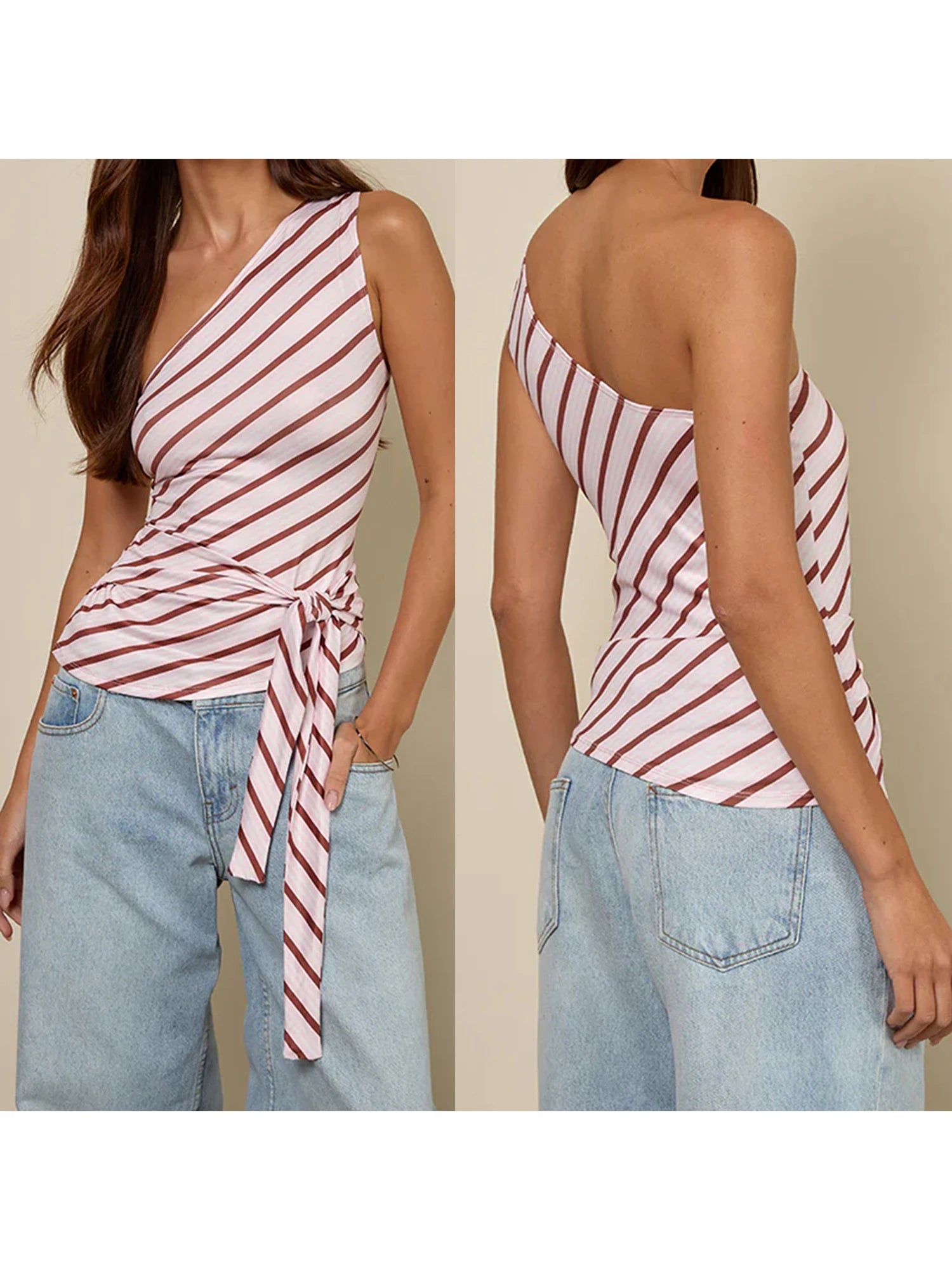 MQTIME  -  Women s Striped One Shoulder Tank Top with Tie-Up Waist and Sleeveless Design - Chic Streetwear Aesthetic Vest for Casual Wear