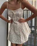 MQTIME  -  Spring New French Country Holiday Style Lace Ruffle Waist Floral Dress Short Skirt