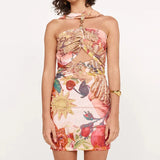 MQTIME  -  Fashion Pattern Printed Slim Short Dress Elegant Halter Hollow Club Party Dress Women Sexy Sleeveless Backless Draped Mini Dress