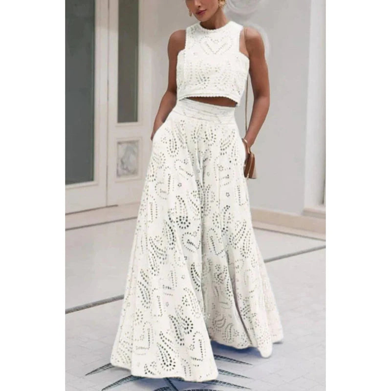 MQTIME  -  Women 2Pcs Outfits Set Sleeveless Lace Trim O Neck Eyelet Hollow Out Crop Tank Top+High Waist A-line Long Flowy Skirt