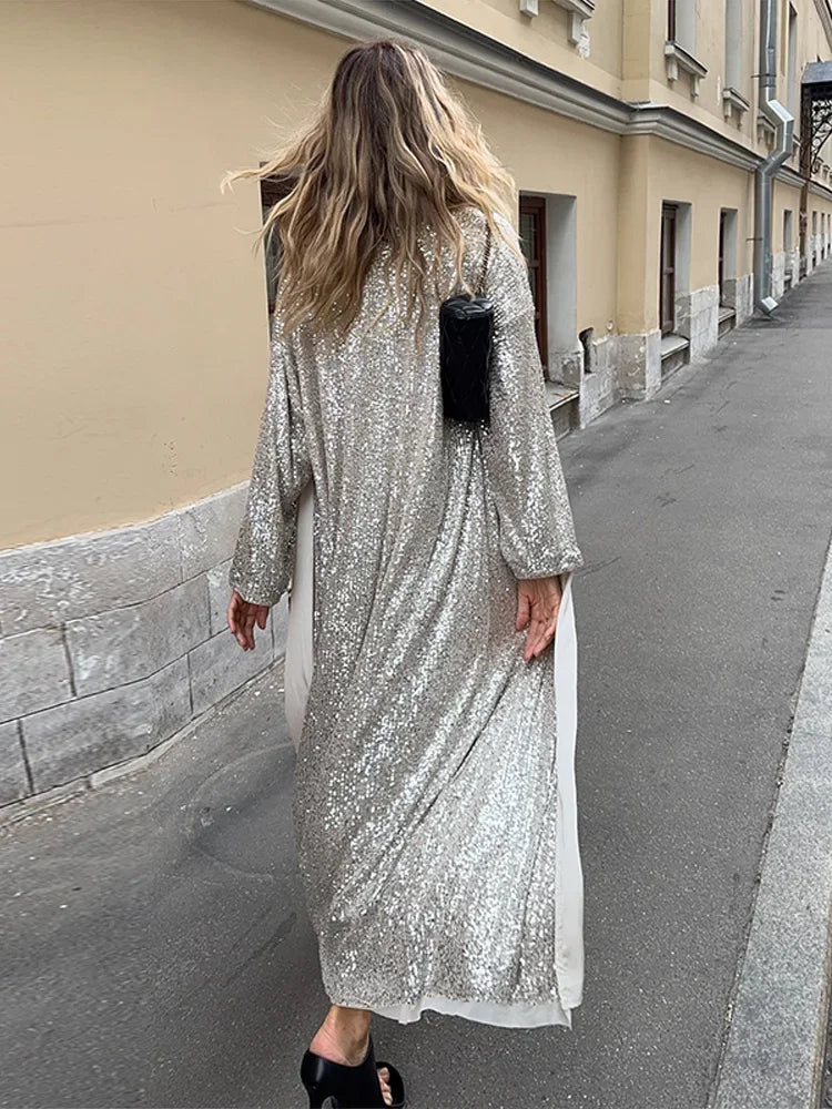 MQTIME  -   Elegant Sequin Women's Cardigan Chic Full Sleeve Oversize Long Jackets Female 2025 Autumn Fashion New Lady High Street Outwears