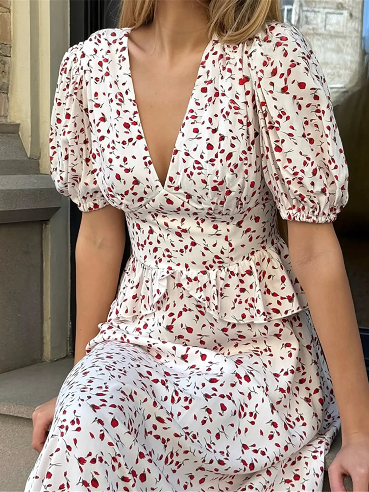 MQTIME  -  Flowers Printed V-Neck Waist Hugging Long Dress Female Puff Sleeve Elegant Fashion Dress Short Sleeve Slimming Women Dress D554