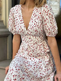 MQTIME  -  Flowers Printed V-Neck Waist Hugging Long Dress Female Puff Sleeve Elegant Fashion Dress Short Sleeve Slimming Women Dress D554