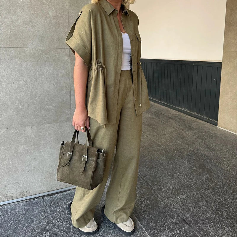 MQTIME  -  Summer Elegant Button Wide Leg Suit Casual Short Sleeve Shirt & Long Pant Outfits Women Fashion Lapel Solid Loose 2Pc Sets