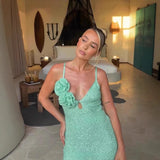 MQTIME  -  Cross border sequin flash dress, deep V-neck backless long skirt, split suspender skirt, knitted big flower dress