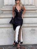 MQTIME  -  Contrast Color Lace Patchwork Satin Split Dress Women Sleeveless Backless Strap Sexy Party Chic Dresses 2025 New Street Robe