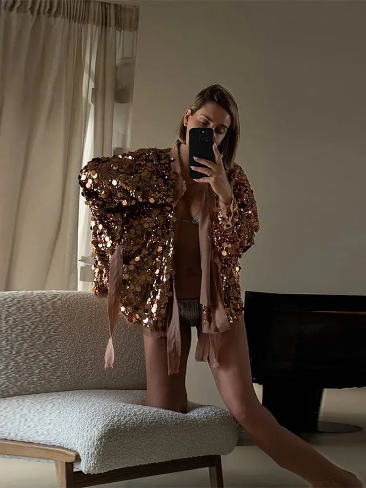 MQTIME  -   Luxury Sequin Oversized Wrap Jacket Fringe Trim Tie-Waist V-Neck Sparkly Coat Women's Casual Party Club Streetwear Outfits