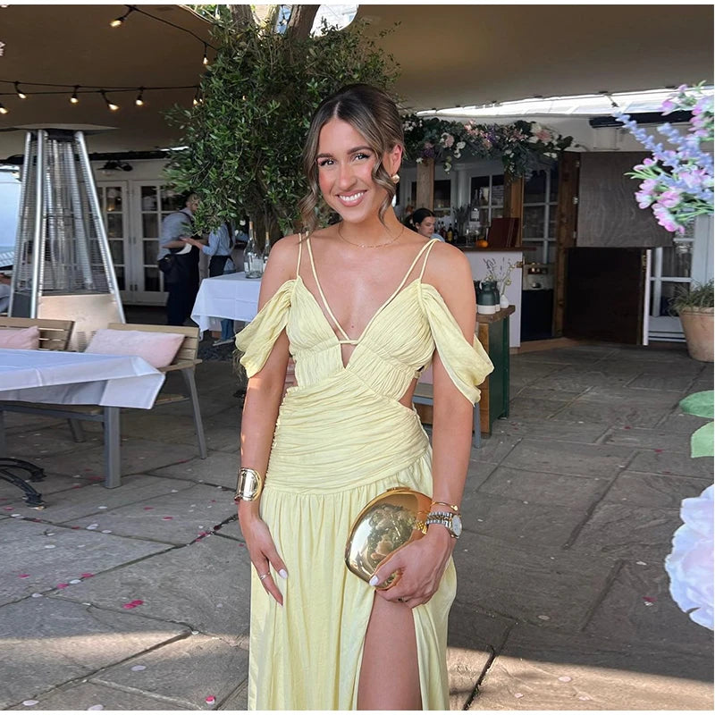 MQTIME  -   Elegant Women's Butter Yellow Maxi Dress Off-Shoulder  Plunge Ruched Waist Side Cutout High Side Slit Formal Evening Party Gown