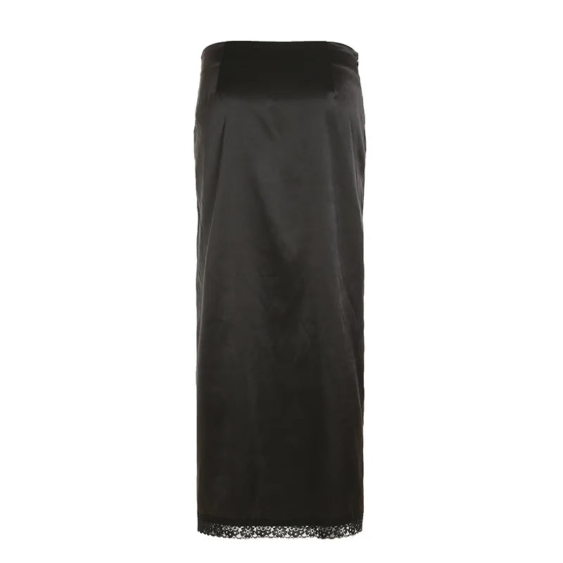 MQTIME  -  Sexy Black Lace Patchwork Maxi Skirts for Women Summer Party High Split Slim Fashion Empire Waist Dress with 3D Flower