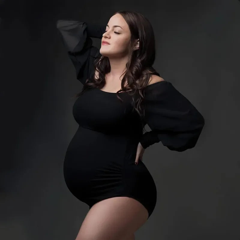 MQTIME  -  White Stretchy Pregnant Woman Jumpsuit Sexy Slash Neck Chiffon Sleeve Maternity Bodysuit For Photo Shooting Clothes