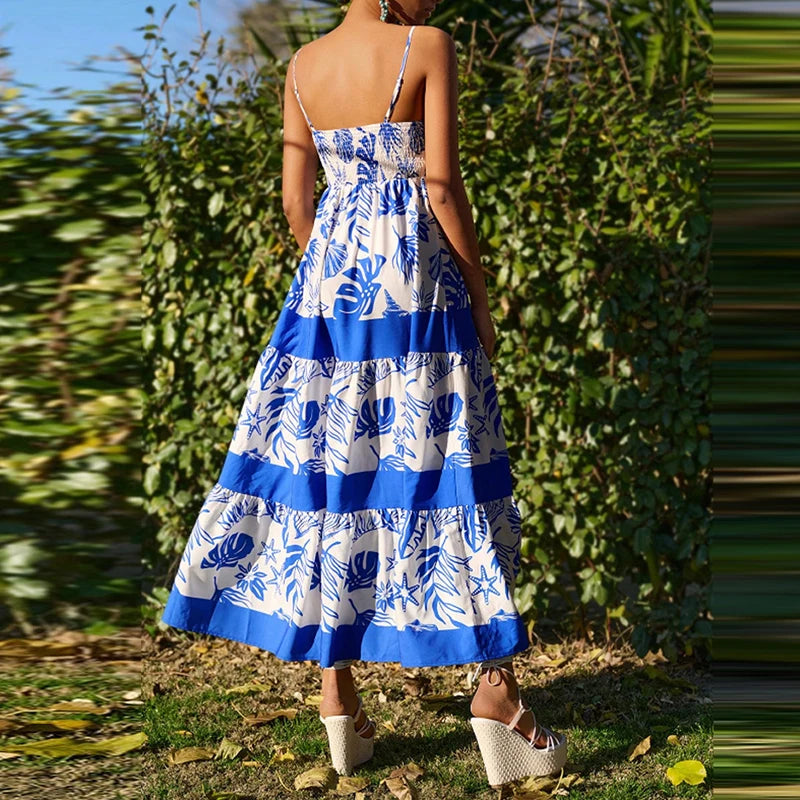 MQTIME  -  Vintage Plant Printed Spaghetti Strap Long Dress Casual Off Shoulder Sleeveless Vacation Dress Women New Summer Big Hem Dresses