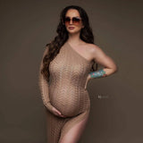 MQTIME  -  Off-the-shoulder Knitted Maternity Photo Shoot Long Dresses Hollow Out Lace Pregnancy Photography Dress Sides Slit Stretchy