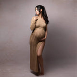 MQTIME  -  Off-the-shoulder Knitted Maternity Photo Shoot Long Dresses Hollow Out Lace Pregnancy Photography Dress Sides Slit Stretchy
