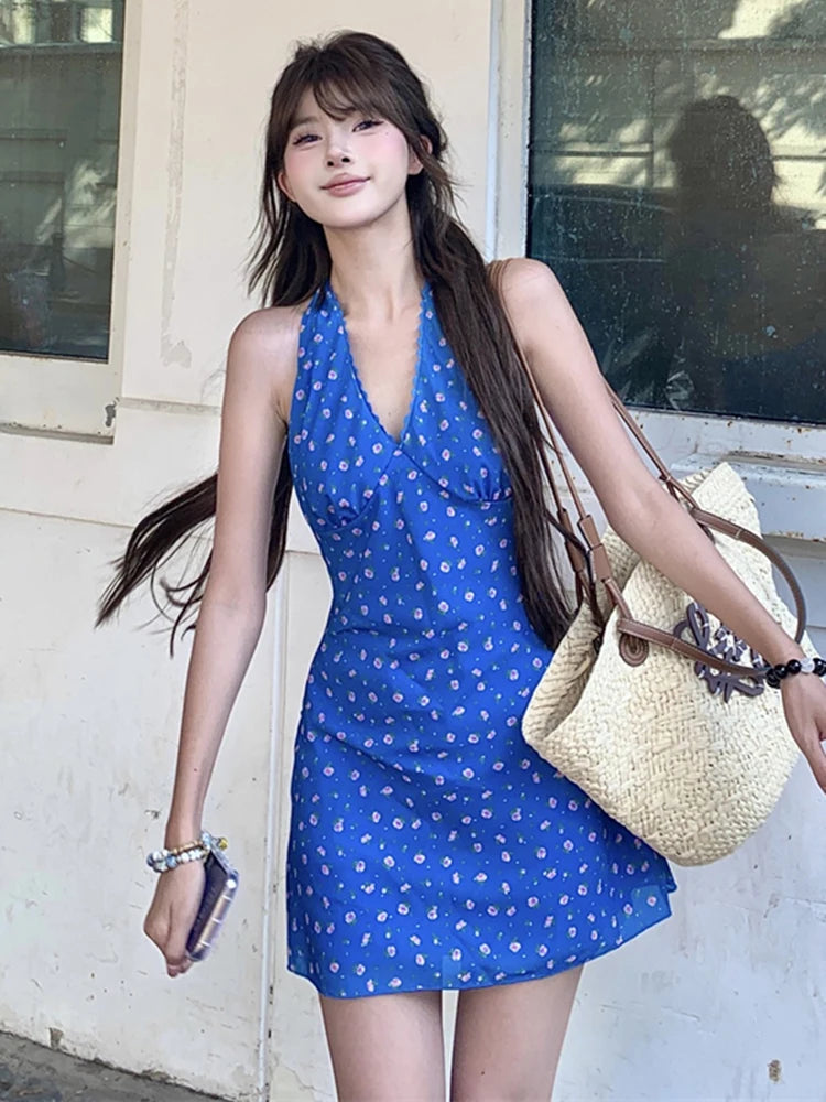 MQTIME  -  Pure Cotton Lace Floral Dress Women Summer Beach Blue V Neck Sexy Mini Dress Sleeveless Halter Casual Vacation Fashion Dress