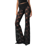 MQTIME  -  Women’s Y2K Vintage Retro Gothic Flare Long Pants Transparent Sheer Lace High Waist Bell-Bottoms Trousers Streetwear