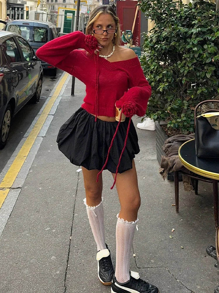 MQTIME  -  Elegant Knitted V-neck Red Sweater Women Vintage 3D Flower Drawstring Long Sleeve Sweaters Female Christmas Chic Street Knitwear
