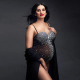 MQTIME  -  Maternity Bodysuit Photography Props Clothes Sexy Black Pregnant Women Rhinestones Stretch Jumpsuits For Photo Shoot Props